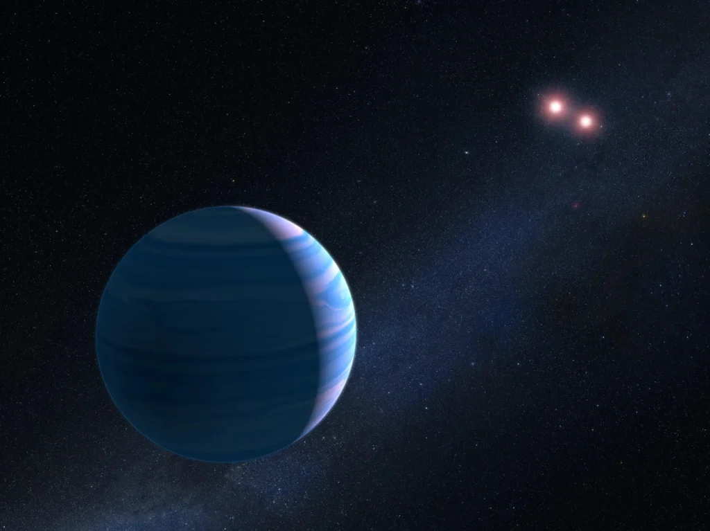 Esta ilustração artística mostra um planeta gigante gasoso orbitando um par de estrelas anãs vermelhas. O planeta, com massa semelhante à de Saturno, orbita a aproximadamente 480 milhões de quilômetros do par estelar. As duas estrelas anãs vermelhas estão separadas por apenas 11 milhões de quilômetros.Crédito: NASA, ESA e G. Bacon (STScI)